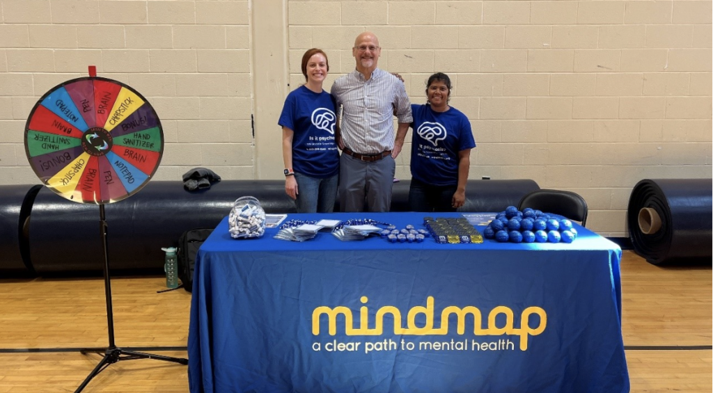 Mindmap team members Nina Levine, Philip Markovich, and Deepa Purushothaman at the Wilbur Cross High School OneStep event